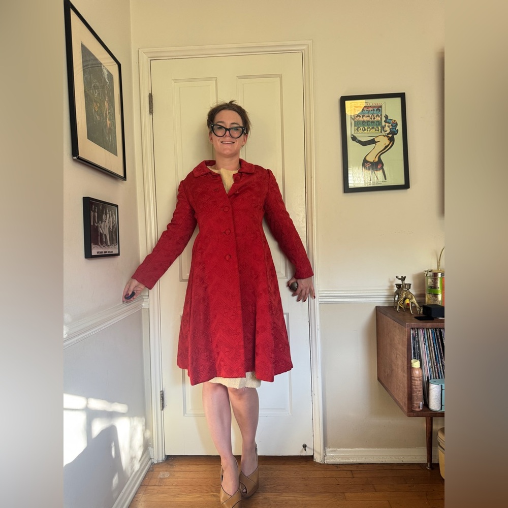 60s Vintage Malcolm Starr Red Satin Swing Coat